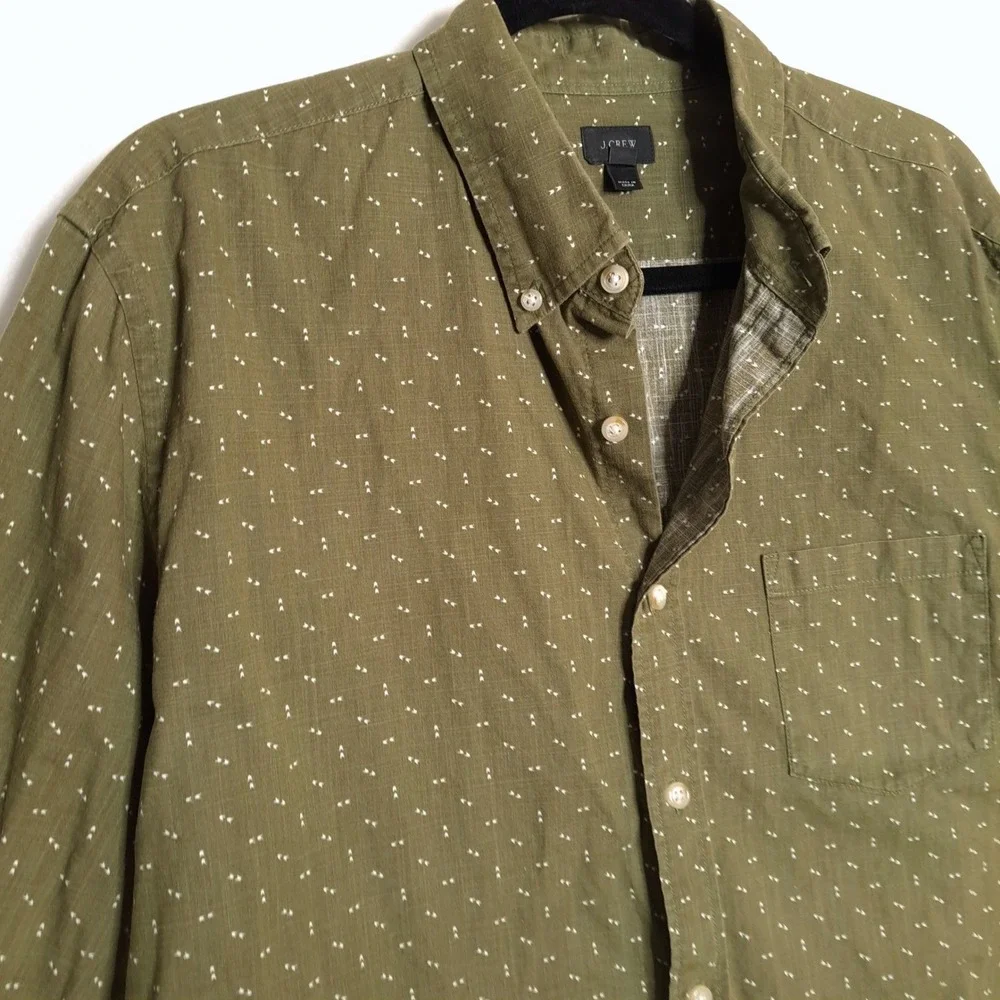 J.Crew Button Down Shirt Mens L Olive Green Micro Dot Print Casual Long LS